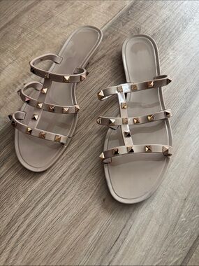 Designer Inspired Studded Nude Strappy Slide Sandals - Women Size 9